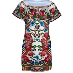 JEALOUS TOMATO Off The Shoulder Floral Ruffle Strapless Fitted Mini Dress Ivory